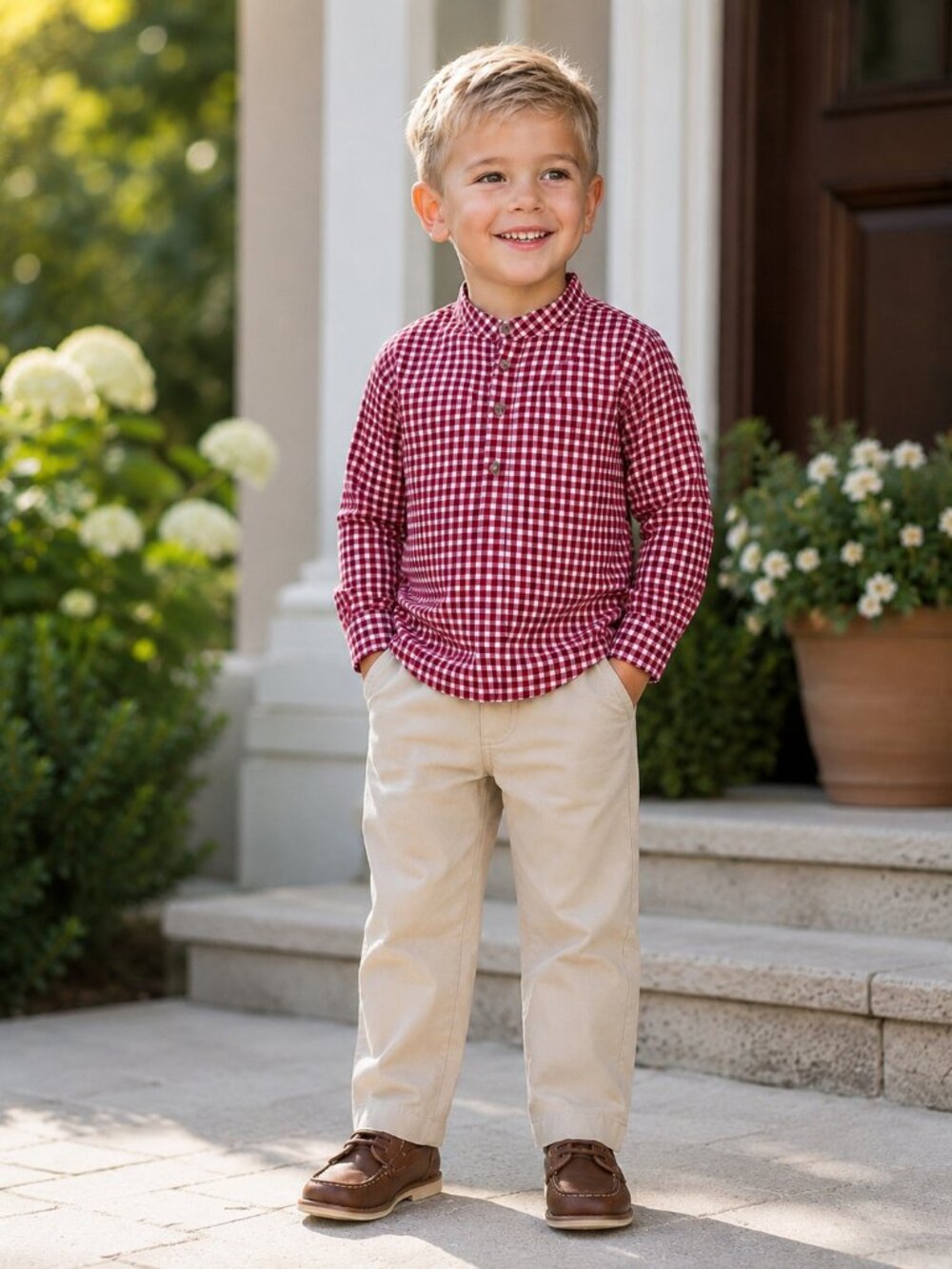 Edgehill Collection Boy's Check Mandarin Collar Long Sleeve Shirt & Pants Set 5